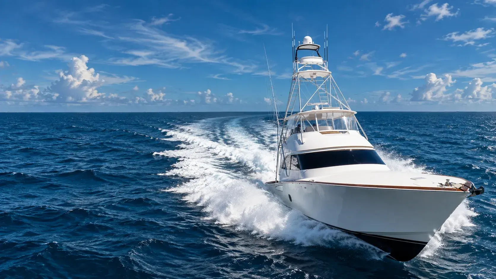 Close view of a white sportfish convertible running at speed